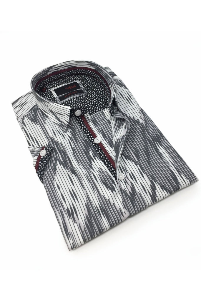Grey Stripe And Melt Design Short Sleeve Shirt W/ Trim Short Sleeve Button Down EightX   