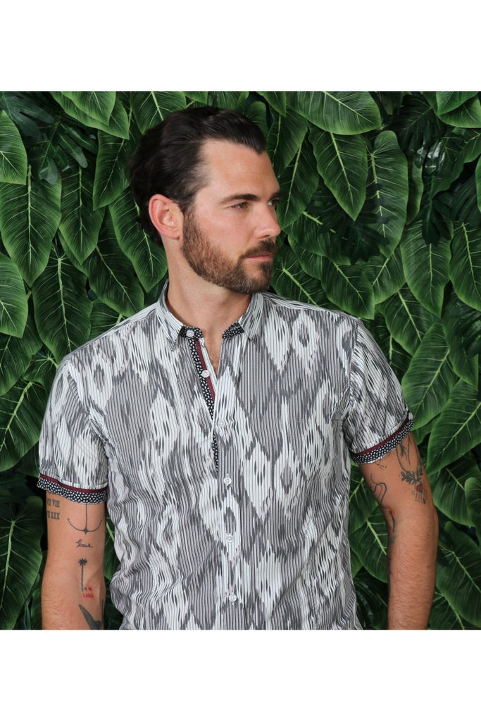 Grey Stripe And Melt Design Short Sleeve Shirt W/ Trim Short Sleeve Button Down EightX   