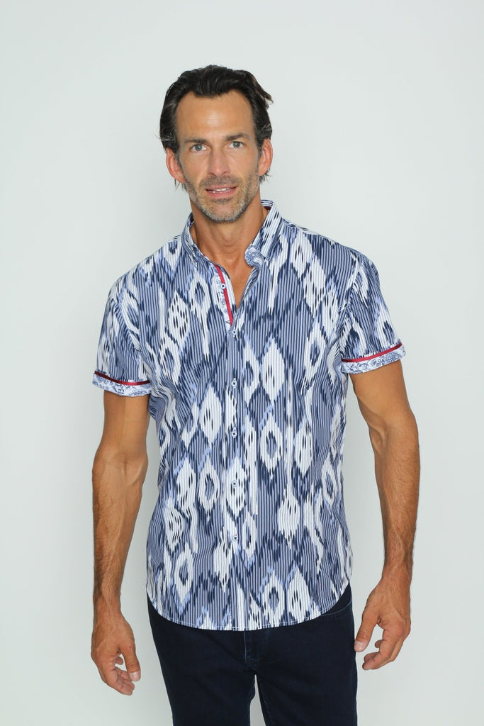 Navy Stripe And Melt Short Sleeve Shirt With Trim Short Sleeve Button Down EightX   