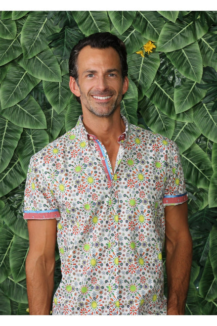 Radiant Sun Pattern Short Sleeve Shirt W/ Trim Short Sleeve Button Down EightX   
