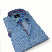 Blue Pattern Short Sleeve Shirt W/ Flower Trim Short Sleeve Button Down EightX   