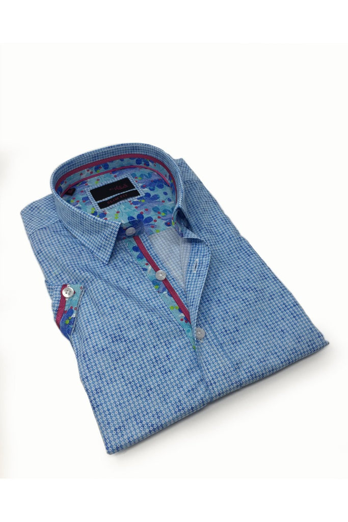 Blue Pattern Short Sleeve Shirt W/ Flower Trim Short Sleeve Button Down EightX   