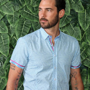 Blue Pattern Short Sleeve Shirt W/ Flower Trim Short Sleeve Button Down EightX   