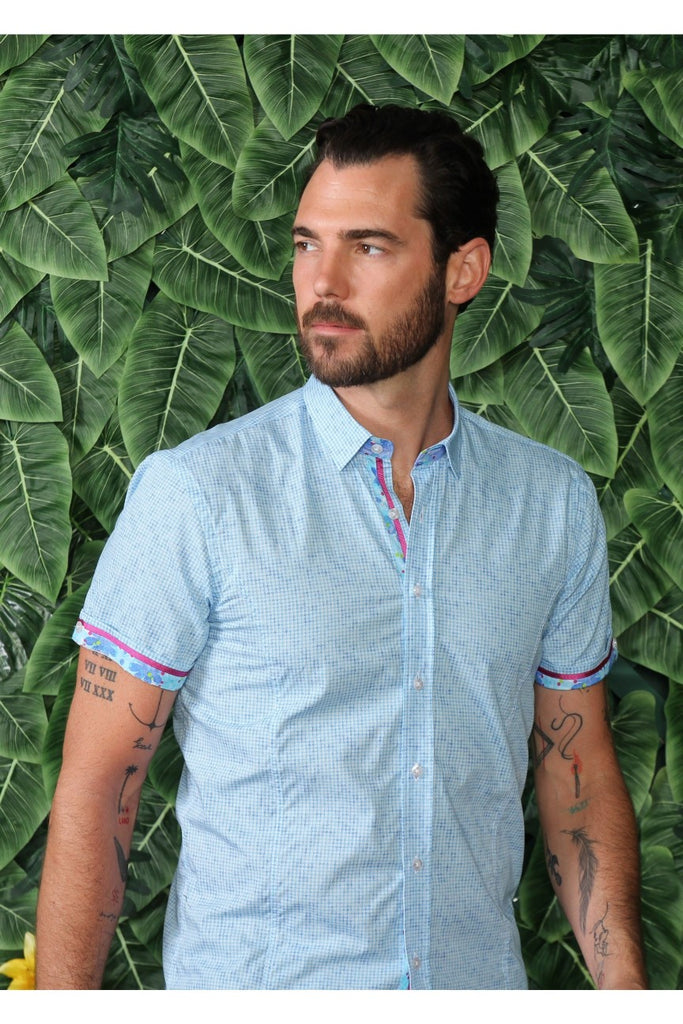 Blue Pattern Short Sleeve Shirt W/ Flower Trim Short Sleeve Button Down EightX   