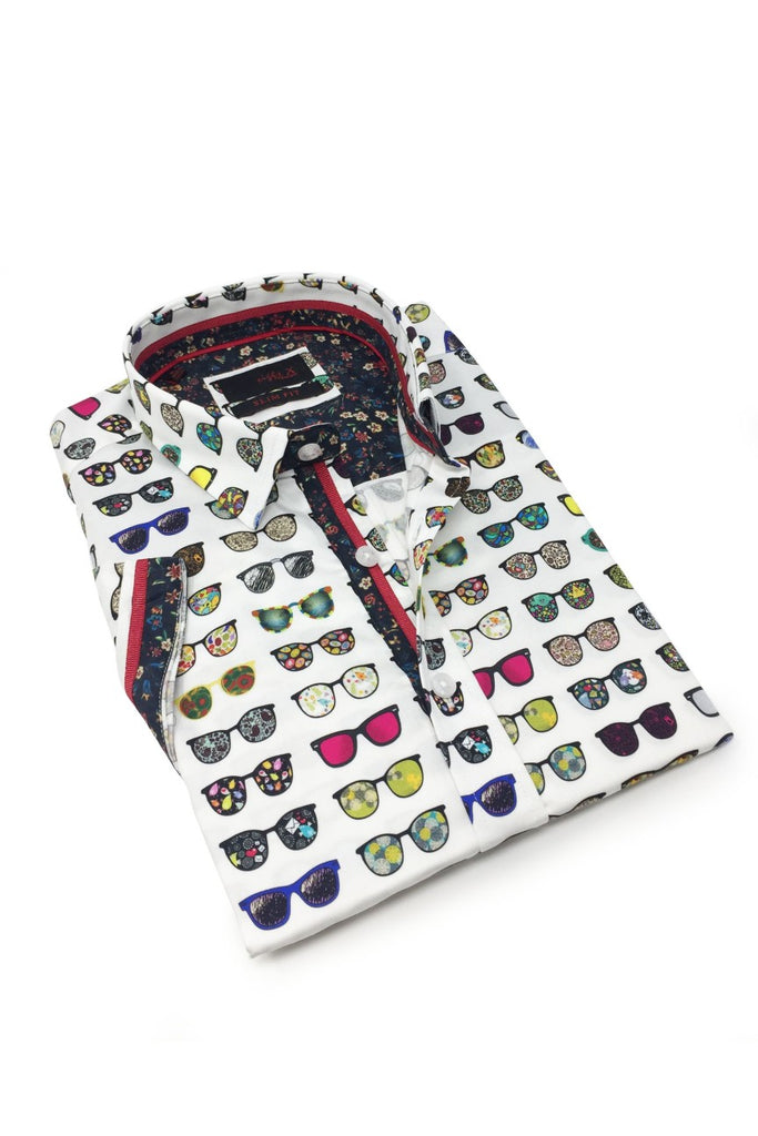 Sunglasses Print Short Sleeve Shirt W/ Flower Trim Short Sleeve Button Down EightX   