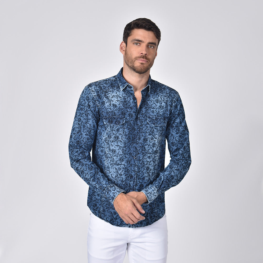 Denim Button Down Shirt W/ Baroque Print Flocking Long Sleeve Button Down Eight-X   