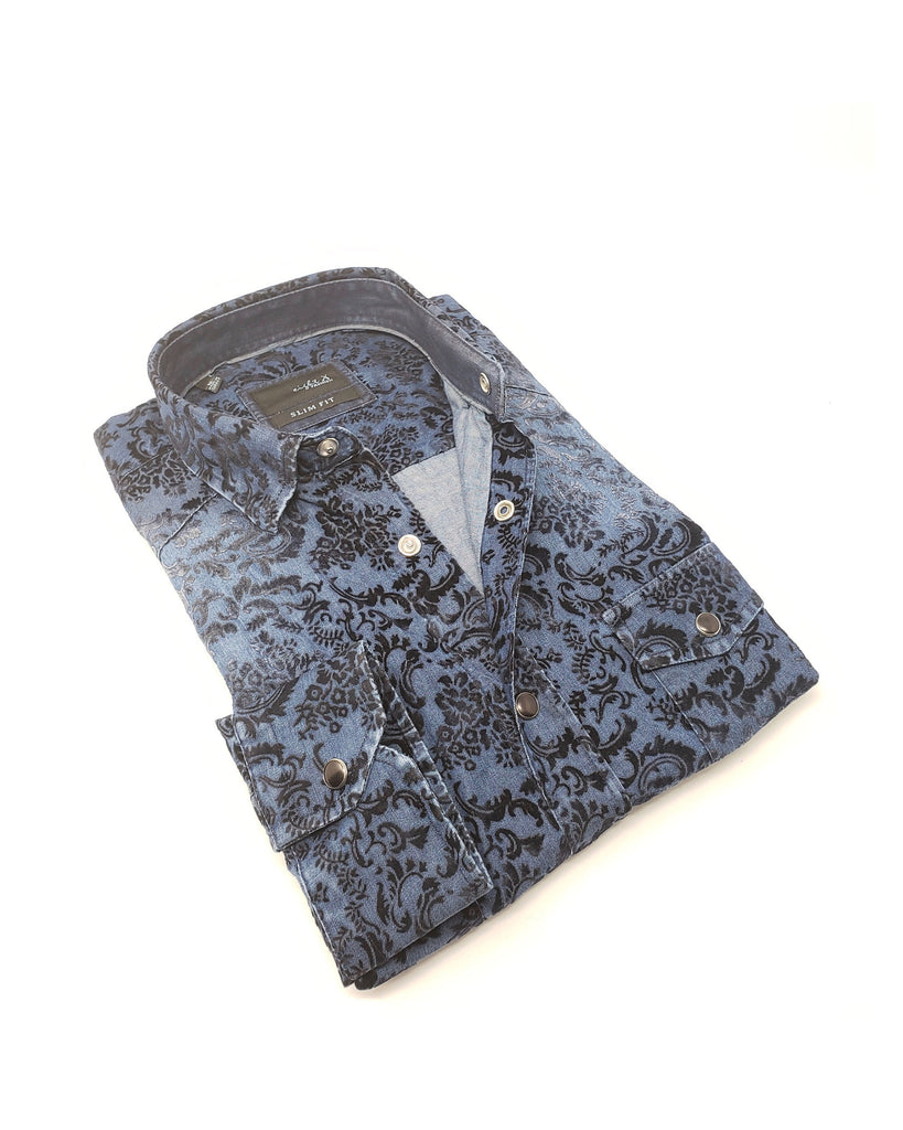 Snap Button Denim Shirt W/ Flocking Long Sleeve Button Down EightX   