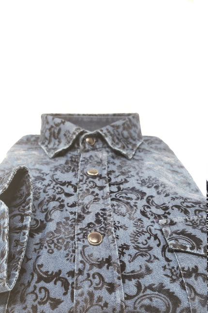 Snap Button Denim Shirt W/ Flocking Long Sleeve Button Down EightX   