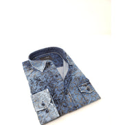 Distressed Navy Denim Mustard Flocking Button Down Shirt Long Sleeve Button Down EightX   