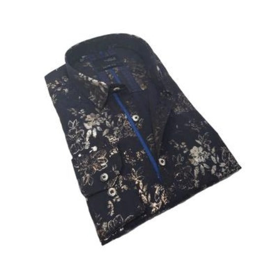 Jacquard Gold Floral Foil Button Down Shirt Long Sleeve Button Down EightX   