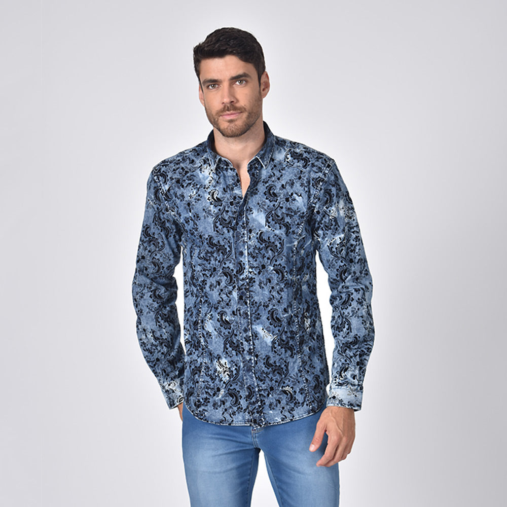 Distressed Denim  Button Down  Paisley Print W/ Slight Flocking Long Sleeve Button Down Eight-X   