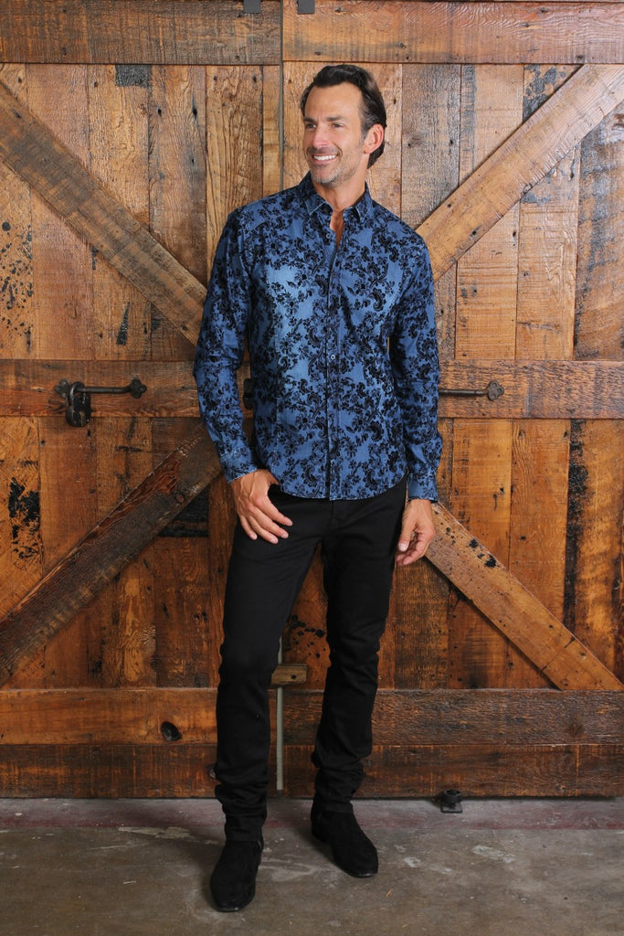 Navy Denim Button Down Shirt W/ Black Flocking Long Sleeve Button Down EightX   