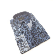 Denim Button Down Shirt W/ Floral Flocking Long Sleeve Button Down EightX   