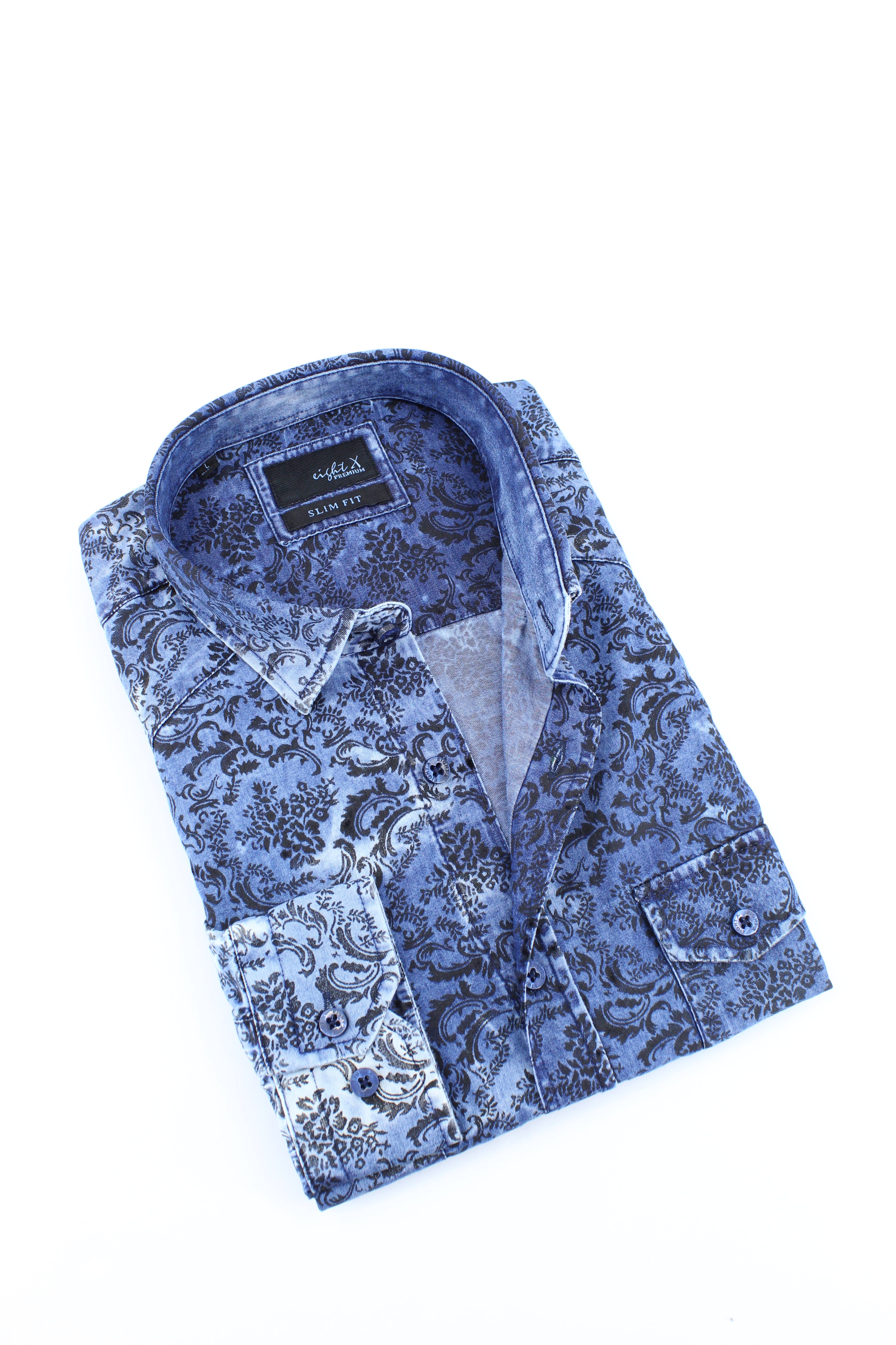 Eight x Denim Floral Jacquard Button Down Shirt Navy / M