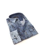 Distressed Navy Denim Mustard Flocking Button Down Shirt Long Sleeve Button Down EightX   