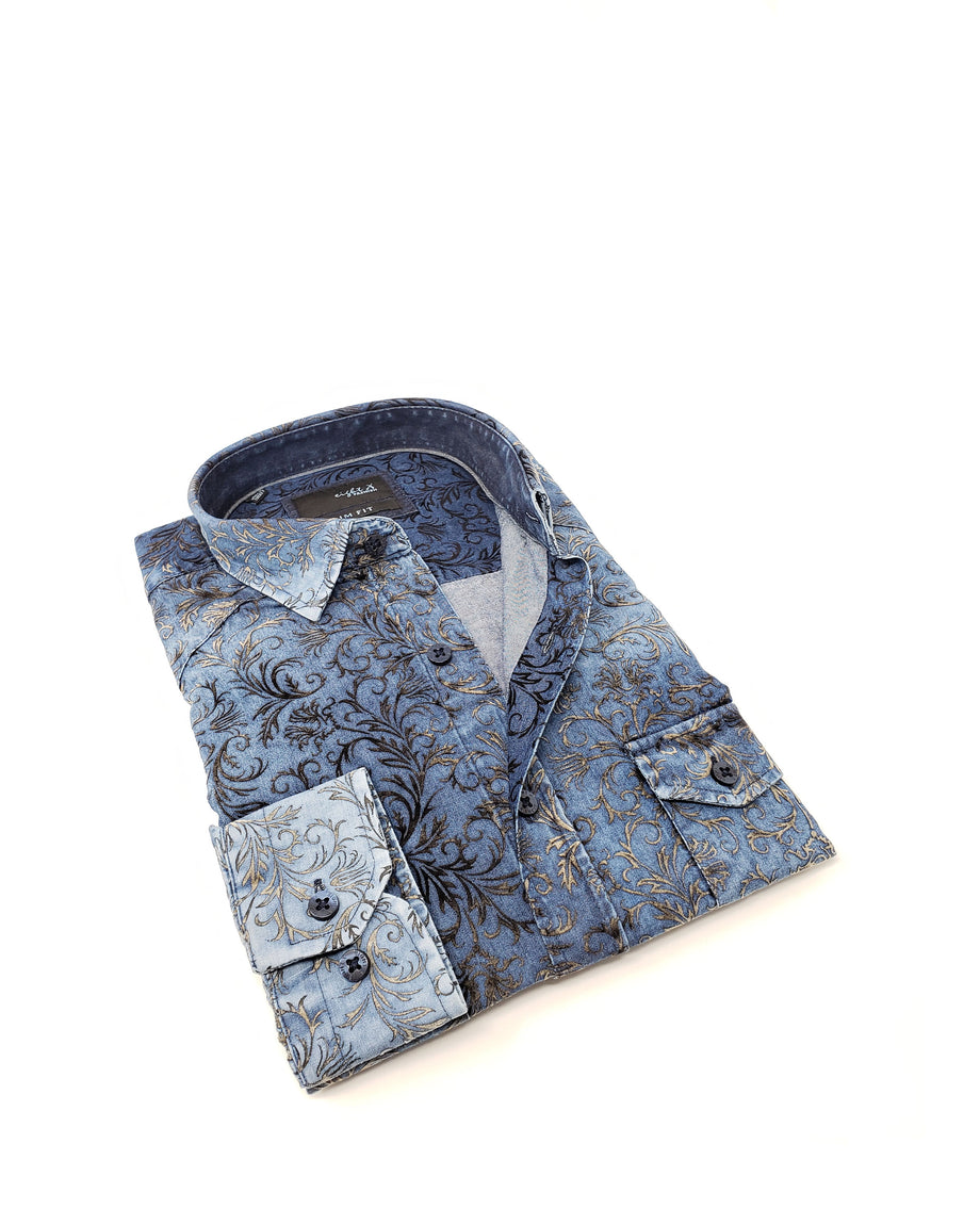 Eight X Designer Dress Shirts Distressed Navy Mustard Flocking Shirt Blue S