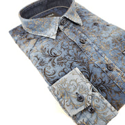 Distressed Navy Denim Mustard Flocking Button Down Shirt Long Sleeve Button Down EightX   