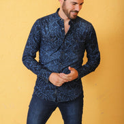Denim Button Down Shirt W/ Snap Black Flocking Long Sleeve Button Down EightX   