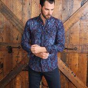 Denim Button Down Shirt W/ Burgundy Flocking Long Sleeve Button Down EightX   