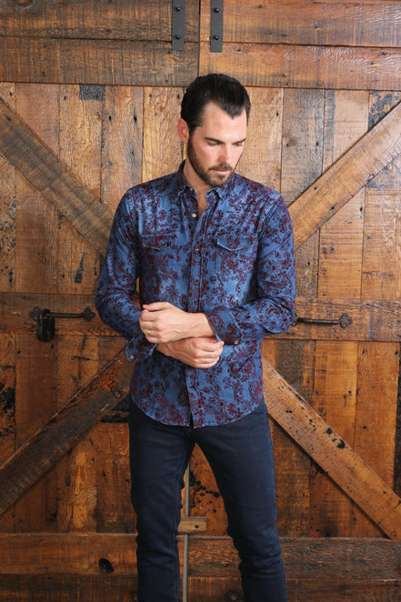 Denim Button Down Shirt W/ Burgundy Flocking Long Sleeve Button Down EightX   