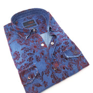 Denim Button Down Shirt W/ Burgundy Flocking Long Sleeve Button Down EightX   