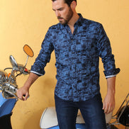 Blue Shadow Print Button Down Shirt Long Sleeve Button Down EightX   