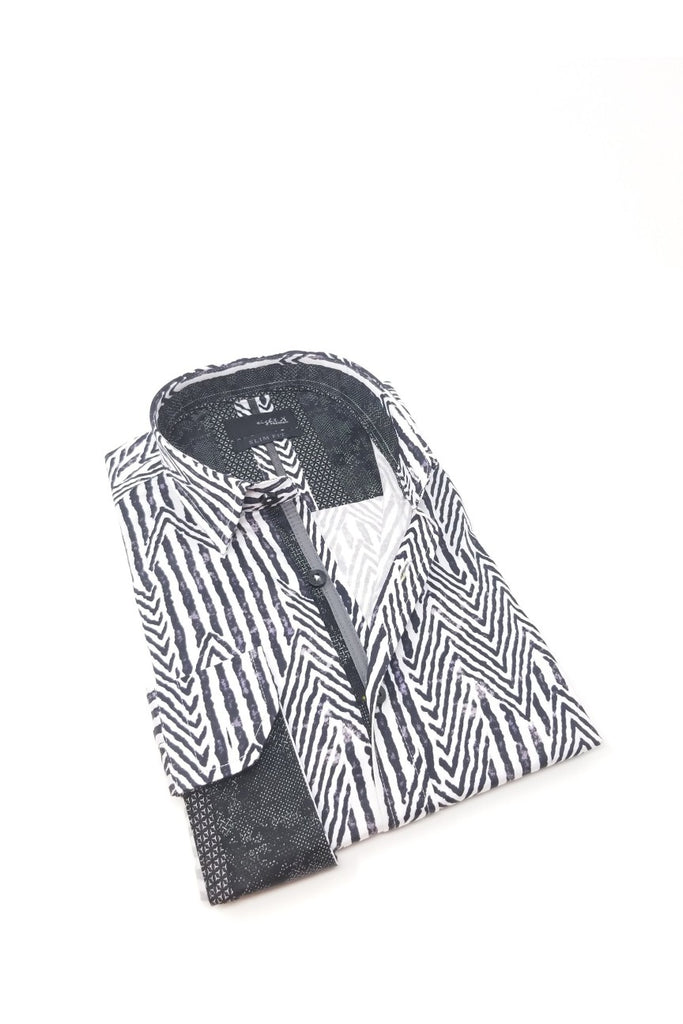 Chevron Black And White Button Down Shirt W/ Trim Long Sleeve Button Down EightX   