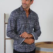 Navy Static Print Button Down Shirt W/ Trim Long Sleeve Button Down EightX   