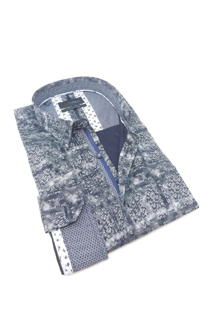 Navy Static Print Button Down Shirt W/ Trim Long Sleeve Button Down EightX   