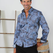 Blue Matter Print Button Down Shirt W/ Trim Long Sleeve Button Down EightX   