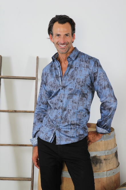 Blue Matter Print Button Down Shirt W/ Trim Long Sleeve Button Down EightX   