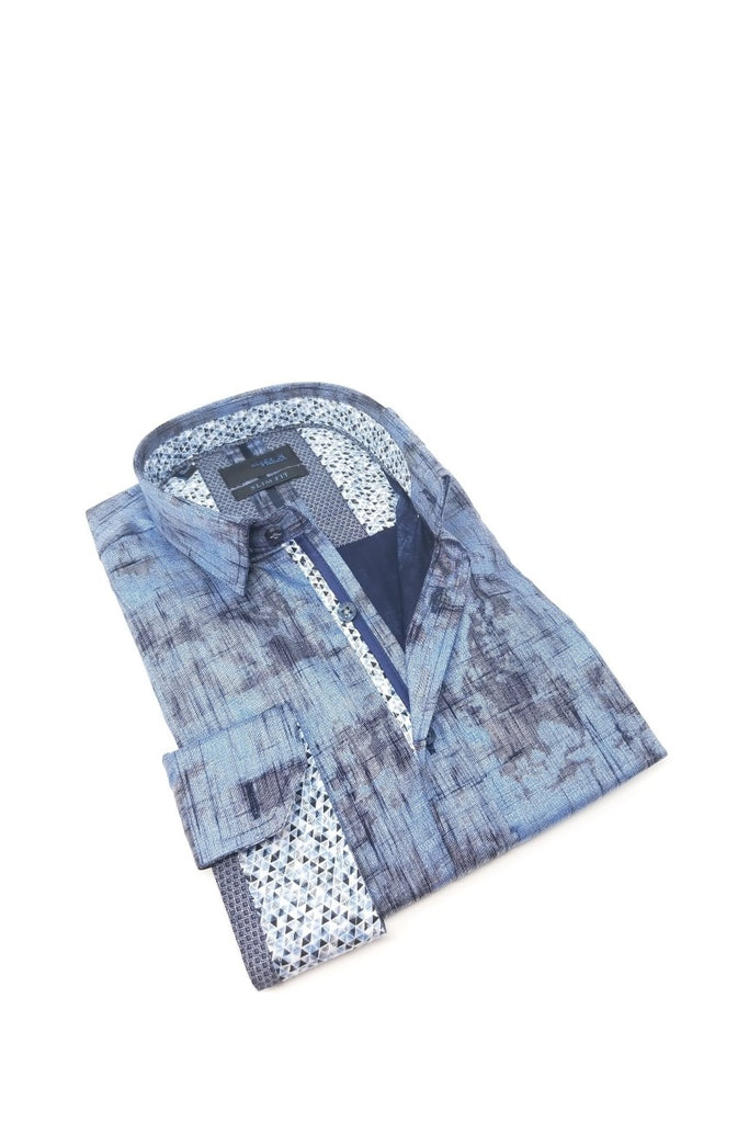 Blue Matter Print Button Down Shirt W/ Trim Long Sleeve Button Down EightX   