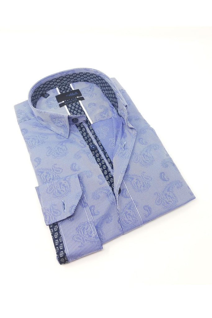 Pinstripe Blue Paisley Jacquard Button Down Shirt Long Sleeve Button Down EightX   