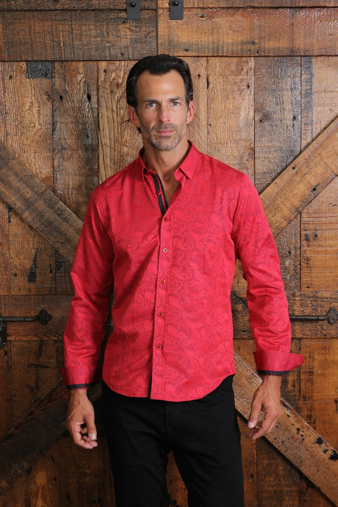 Red Paisley Jacquard Button Down Shirt W/ Trim Long Sleeve Button Down EightX   
