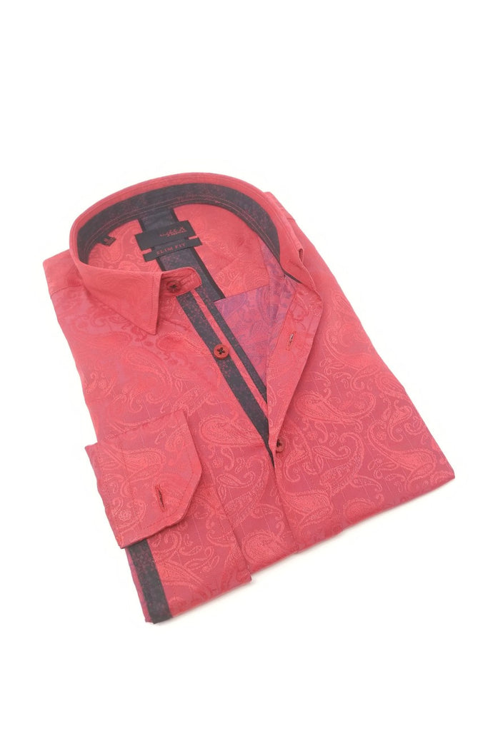 Red Paisley Jacquard Button Down Shirt W/ Trim Long Sleeve Button Down EightX   
