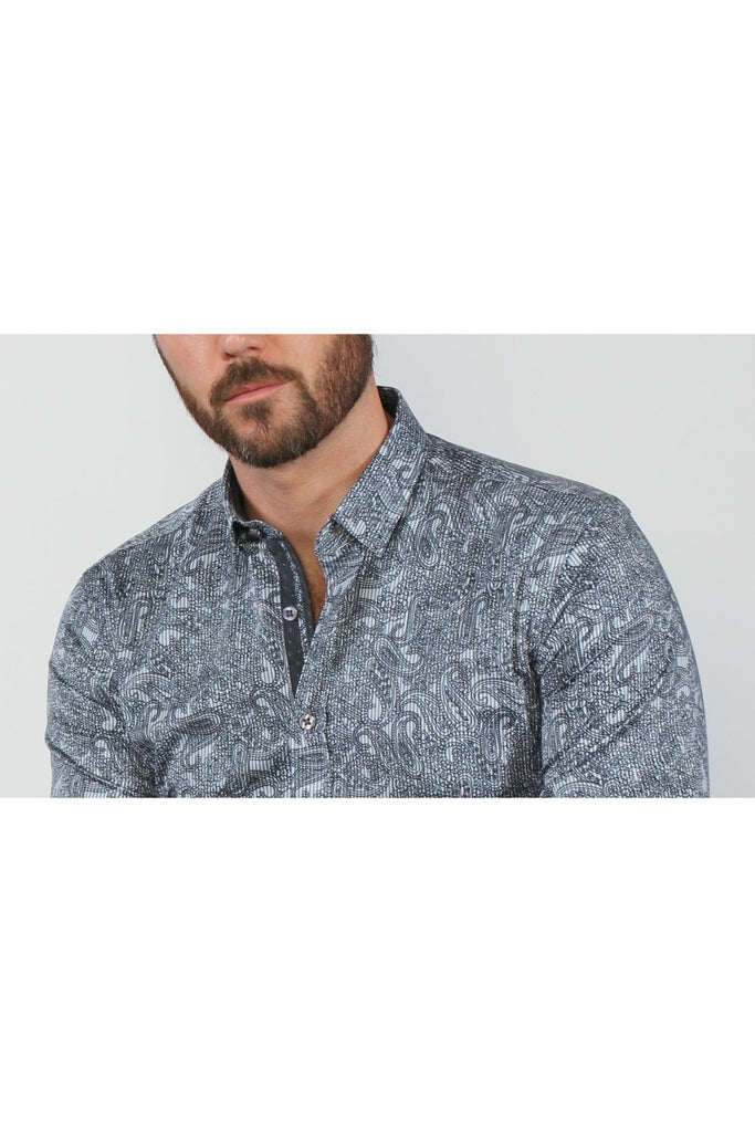 Blue Sketch Paisley Button Down Shirt W/ Trim Long Sleeve Button Down EightX   