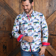 Colorful Globes Button Down Shirt W/ Red Trim Long Sleeve Button Down EightX WHITE S 