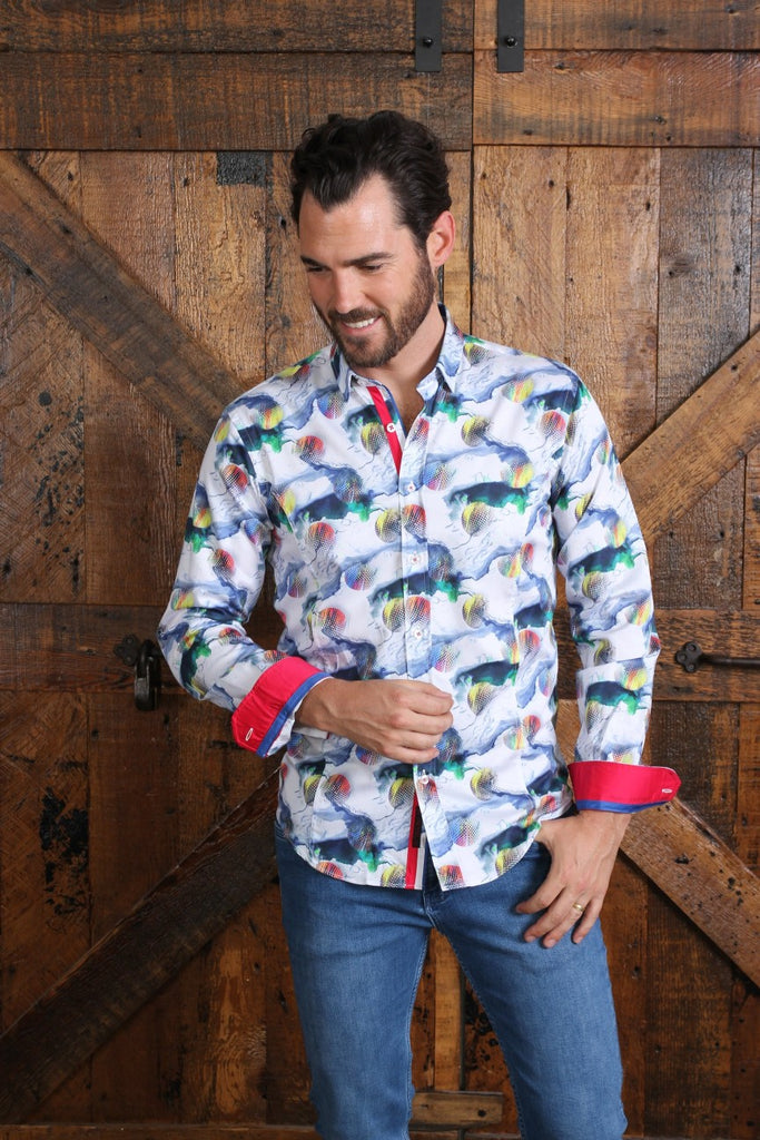 Colorful Globes Button Down Shirt W/ Red Trim Long Sleeve Button Down EightX WHITE S 