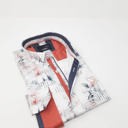White Button Down Shirt W/ Red Branches Design Long Sleeve Button Down EightX   