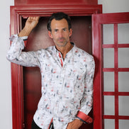 White Button Down Shirt W/ Red Branches Design Long Sleeve Button Down EightX   