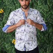 White Button Down Shirt W/ Blue Branches Design Long Sleeve Button Down EightX   