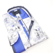 White Button Down Shirt W/ Blue Branches Design Long Sleeve Button Down EightX   
