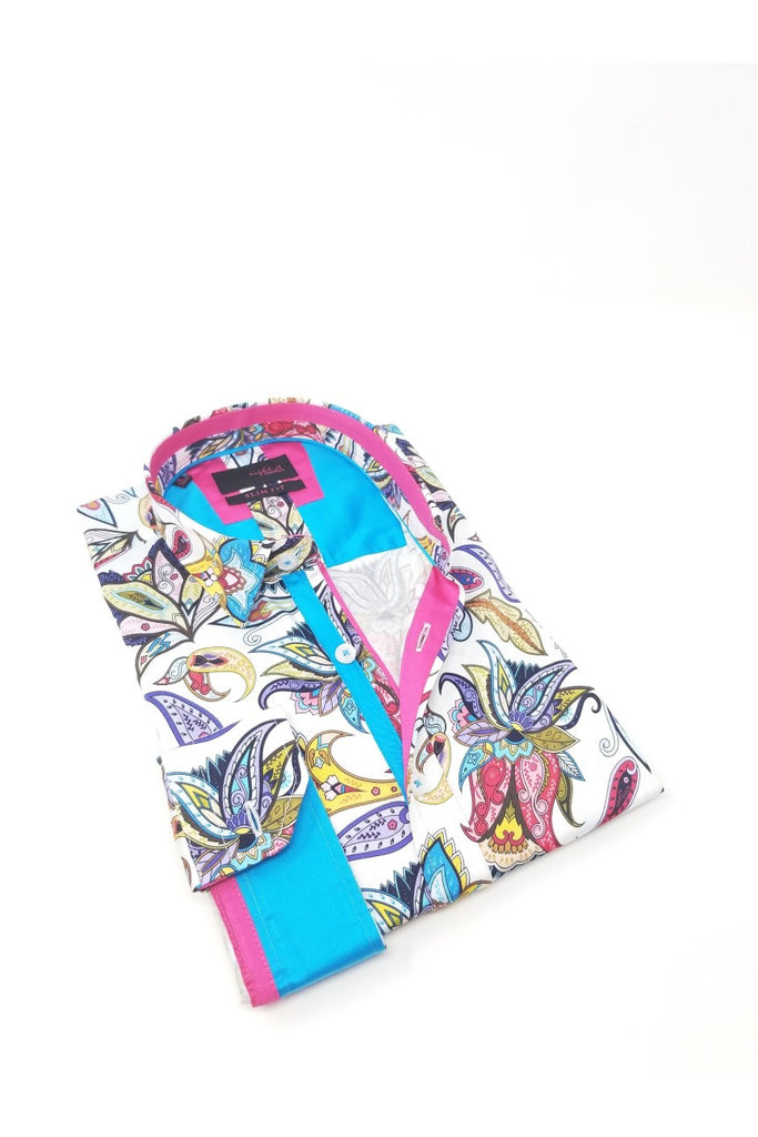 Colorful Floral Button Down Shirt W/ Trim Long Sleeve Button Down EightX   