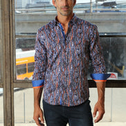 Currents Print Button Down Shirt W/ Trim Long Sleeve Button Down EightX   