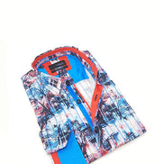 Turquoise Scenery Print Button Down Shirt W/ Trim Long Sleeve Button Down EightX   