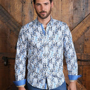 Blue Flower Button Down Shirt W/ Trim Long Sleeve Button Down EightX   