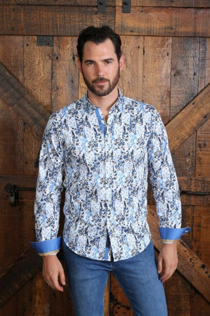 Blue Flower Button Down Shirt W/ Trim Long Sleeve Button Down EightX   