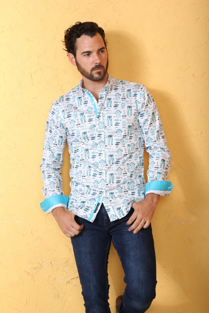 Men's Collection Print Button Down Shirt W/ Trim Long Sleeve Button Down EightX   