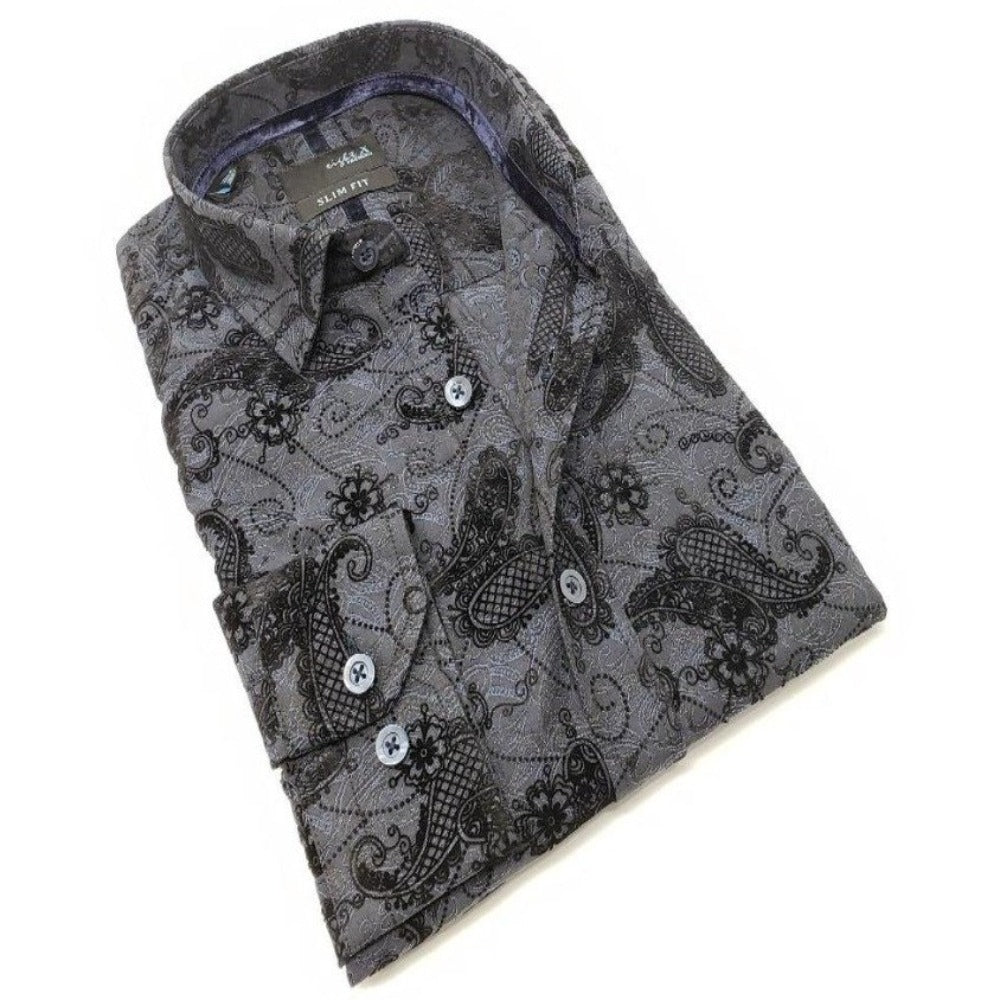 Dark Navy Jacquard Button Down Shirt W/ Paisley Flocking Long Sleeve Button Down EightX   