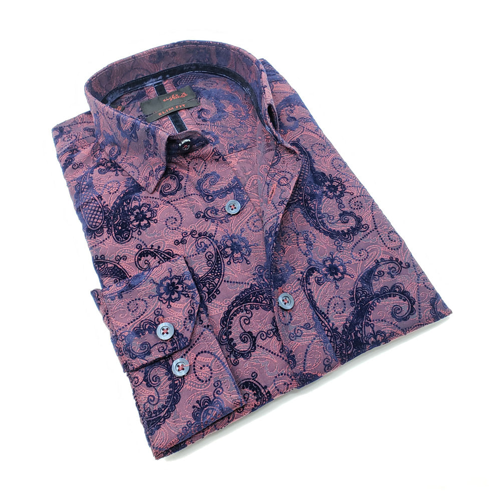 Men's slim fit burgundy collar button up dress shirt with floral vine flocking design